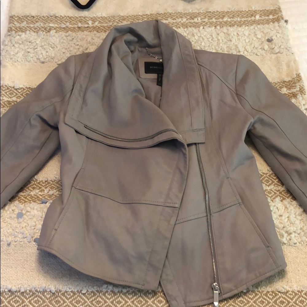 BCBG Asymmetric Winged Collar Grey Leather Jacket